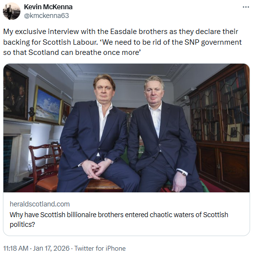 msm_monitor's tweet photo. Anas Sarwar has accepted a six figure donation from the Easdale brothers, one of whom is a convicted fraudster. Looks like another Labour scandal BBC Scotland will sweep under the carpet. https://t.co/lujnXkj8AQ
