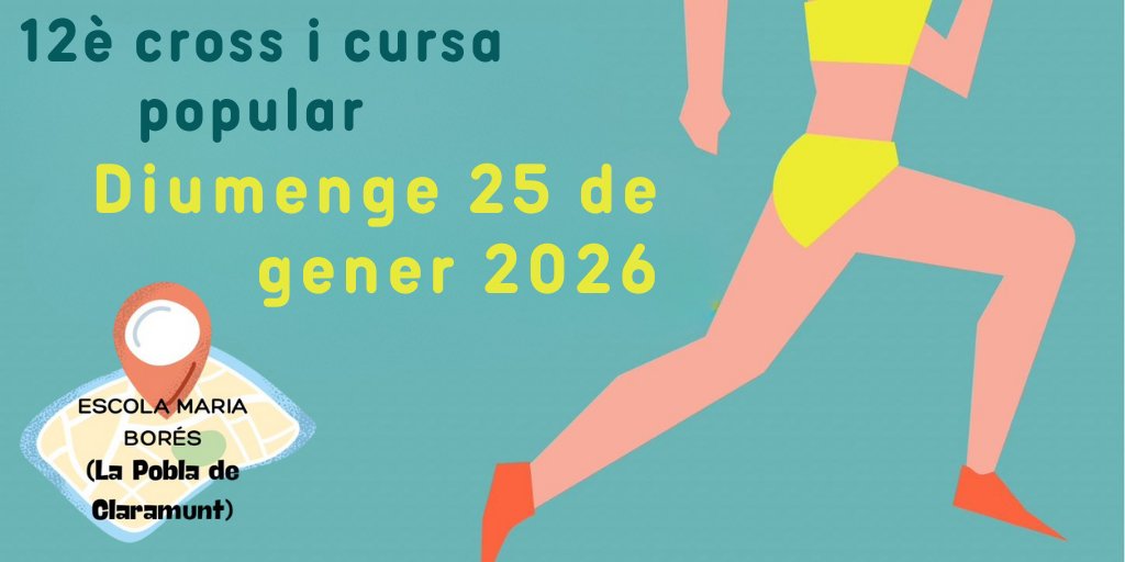 🏃‍♂️ SEGONA OPORTUNITAT! El 25 de gener celebrem el 12è Cros i Cursa Popular de La Pobla de Claramunt. Creuem els dits pel temps! ☀️

📍 Escola Maria Borés 🗓️ Diumenge, 25 de gener 📝 Informació: tuit.cat/r6TlA

Vine a gaudir de l'esport en família! 💪✨