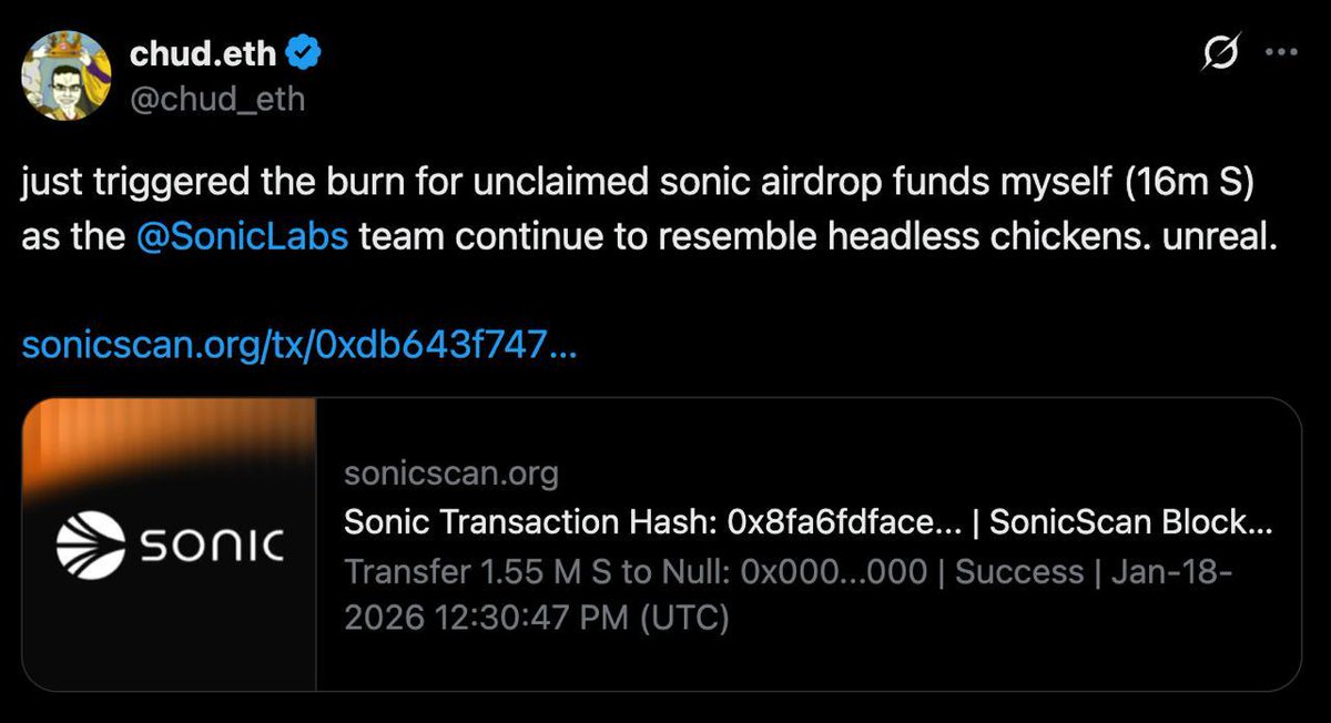 SonicLabs's tweet image. As planned, 16,027,929.41 S was successfully burned from the unclaimed Season 1 airdrop allocation through a fully permissionless smart contract execution.

Sonic builds open systems. 🐔
