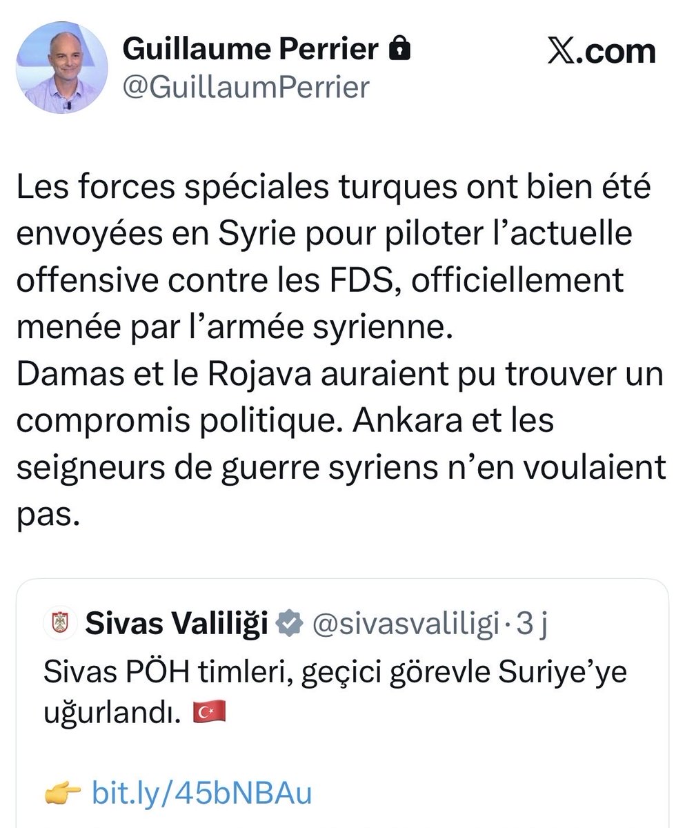 « Damas et le Rojava auraient pu trouver un compromis politique. Ankara et les seigneurs de guerre syriens n’en voulaient pas. »
<a href="/GuillaumPerrier/">Guillaume Perrier</a>