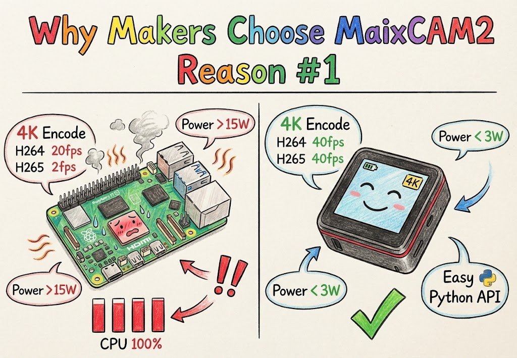 SipeedIO's tweet image. Still struggling with low H264/265 encode FPS but high power consumption using #Raspberry Pi cameras?
Try #MaixCAM2! 
Easy 4K40 H264/265 encode with efficient hardware encoder &amp;amp; simple python API!

kickstarter.com/projects/zepan…