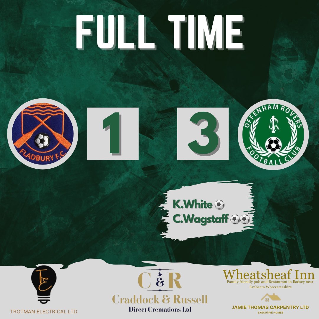 𝐅𝐮𝐥𝐥 𝐭𝐢𝐦𝐞

Rovers take the 3 points in a dominant display against Fladbury.

Next week we host Catshill in the quarter-final of the county cup.

UTR💚🖤