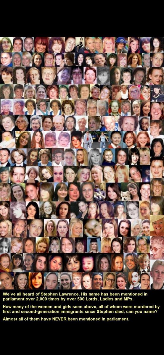 peterstopcrime's tweet image. We've all heard of Stephen Lawrence. His name has been mentioned in parliament over 2,000 times by over 500 Lords, Ladies and MPs.
How many of the women and girls seen above, all of whom were murdered by first and second-generation immigrants since Stephen died, can you name?…