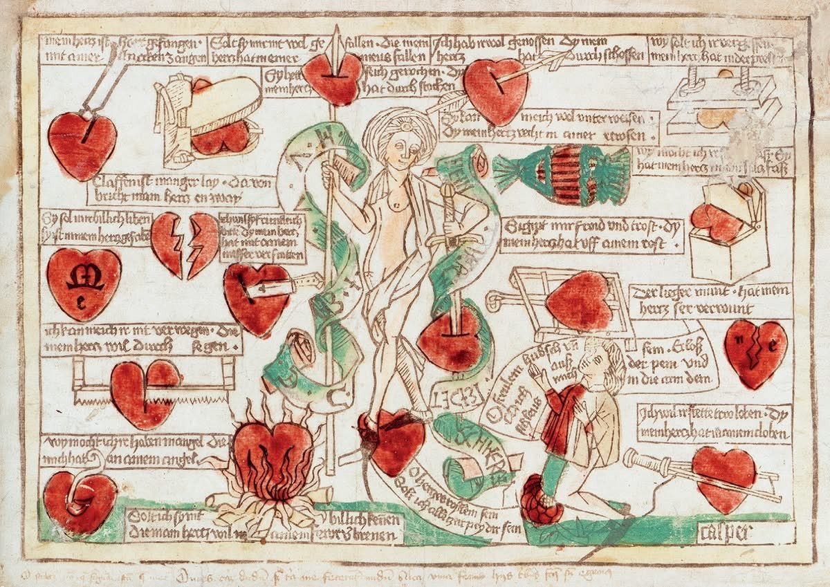 oscillate23's tweet image. The Venus torturing the hearts of her beloved in nineteen different ways, in a print by Master Casper von Regensburg, made around 1485.