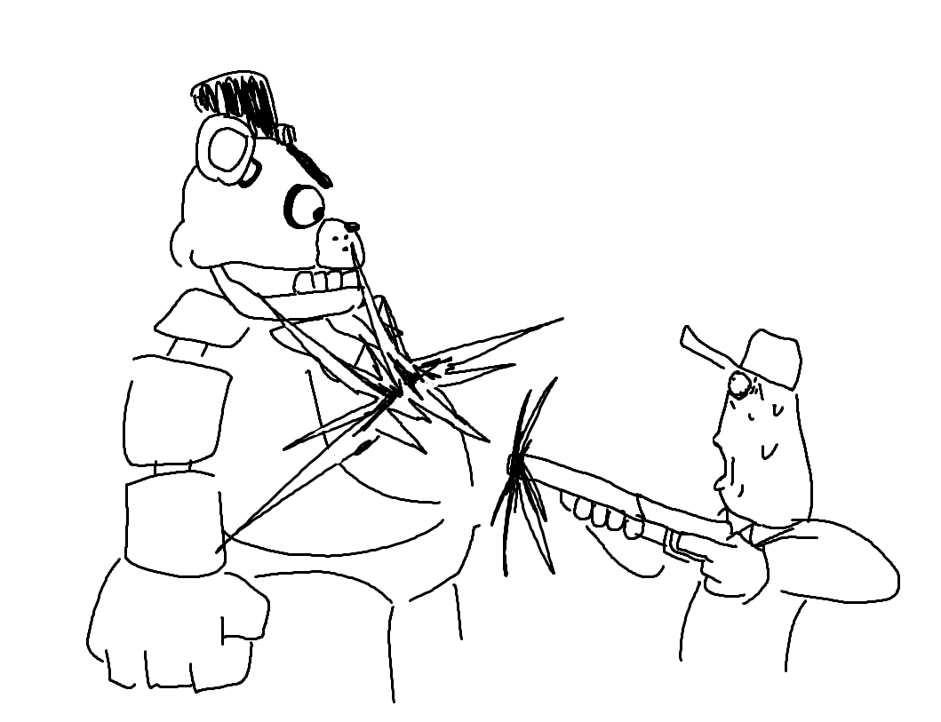 CoralineHecc's tweet image. i remember back in 2014 when people would be like "why doesn't the nightguard just shoot the robots???" and i find that mindset so funny now adays because in modern fnaf it would end like this