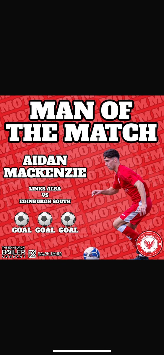 MOTM - Aidan Mackenzie 

Thoroughly deserved MOTM today for the wee man 

Covered every inch of the park and managed to grab a hatrick aswell taking his tally to 14 goals this season 

Hopefully many many more for the south ⚽️⚽️⚽️
