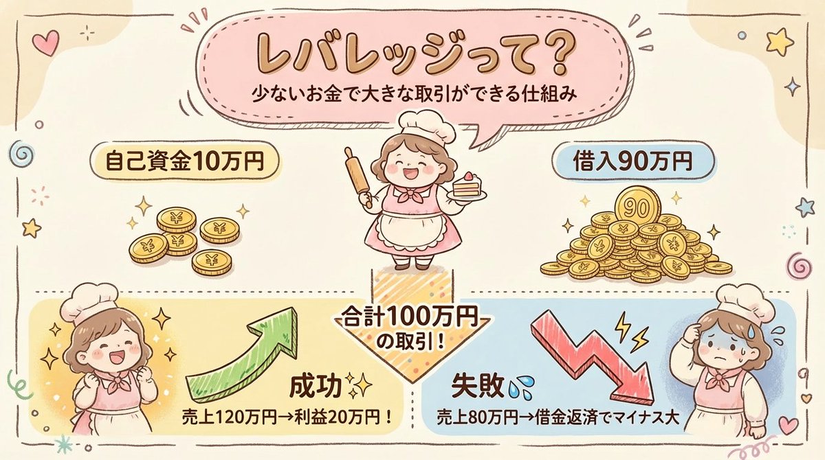 メモ】 レバレッジとは？ ・元々は「てこの原理」を意味する言葉 ・少ない自己資金で、それより大きな金額の取引をすること 例）ケーキ屋さん🍰  手元には10万円。思い切って90万円借りて、合計100万円分の材料を使いケーキを販売！ →成功すれば利益アップ✨ →失敗したら ...