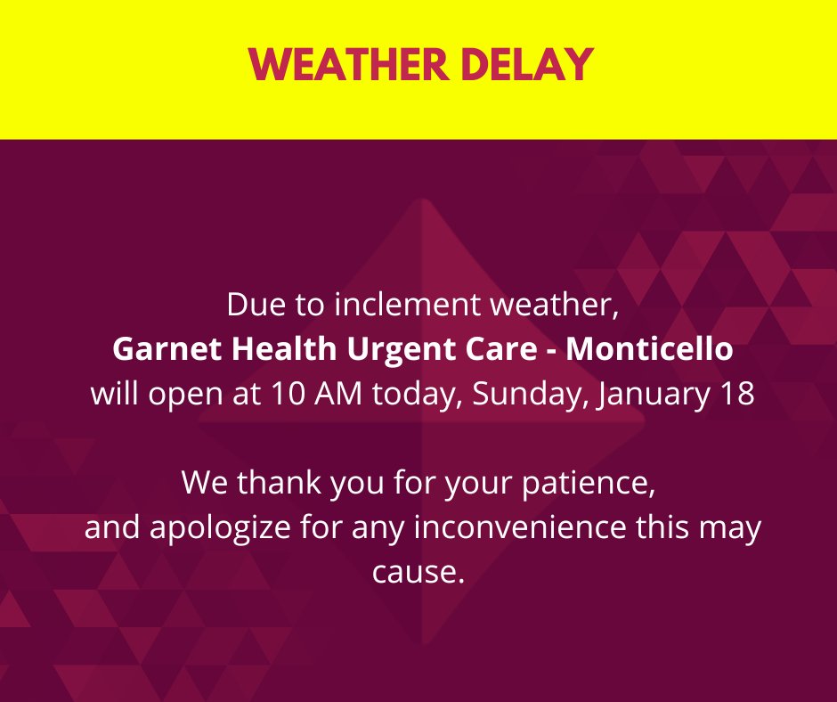 GarnetHealth's tweet photo. Due to inclement weather, Garnet Health Urgent Care - Monticello will open at 10 AM today, Sunday, January 18. We appreciate your patience and apologize for any inconvenience this may cause. https://t.co/PjEENGr713