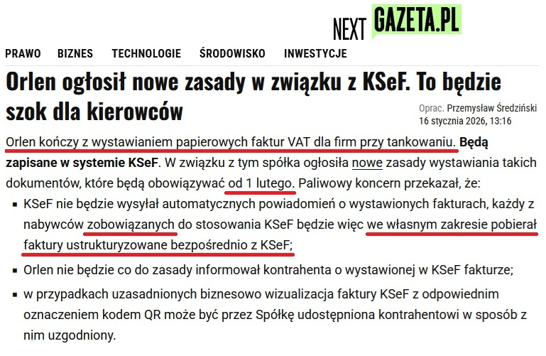 Karkołomne wdrażanie KSeF to nie tylko konieczność zakupu kosztownego oprogramowania od korporacji.
To nie tylko likwidacja oprogramowania drukującego faktury VAT i upadłość małych firm IT.
To również okazja by Orlen stracił setki tysięcy małych klientów na rzecz konkurencji:👇