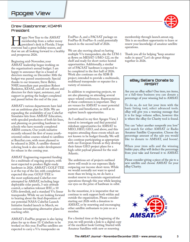 glasbrenner's tweet image. For those who aren't AMSAT members yet, I'm sharing my recent AMSAT Journal Apogee View column as an update to what the org is doing to keep amateur radio in space. AMSAT needs your support, so please consider a donation or membership to help move these projects forward. #amsat