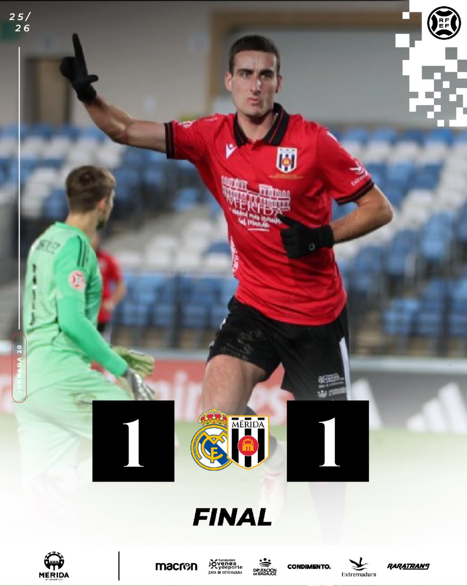 Final del partido con reparto de puntos en el Alfredo Di Stéfano. Luchamos y fuimos a por la victoria hasta el final ⚔️⚽️

<a href="/lafabricacrm/">Cantera Real Madrid</a> 1-1 <a href="/Merida_AD/">A.D. Mérida</a>

⚽️ <a href="/varogarci/">Álvaro García Arana</a> 

#RealMadridCastillaMérida
