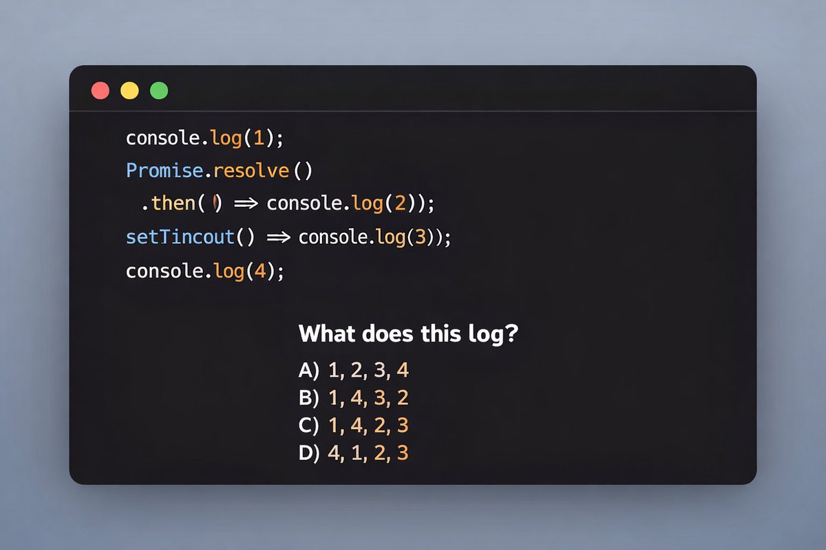 izzyCodes_'s tweet image. JavaScript devs, don’t cheat 👀
What does this log?

Drop your answer and explain your reasoning 👇
Let’s see who really understands the event loop 😄

Let’s Go!
