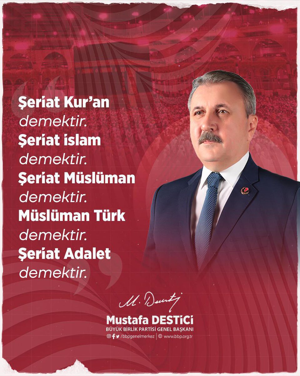 “Şeriat Kur’an demektir. 
Şeriat İslam demektir. 
Şeriat Müslüman demektir.
Müslüman Türk demektir.
Şeriat Adalet demektir. “