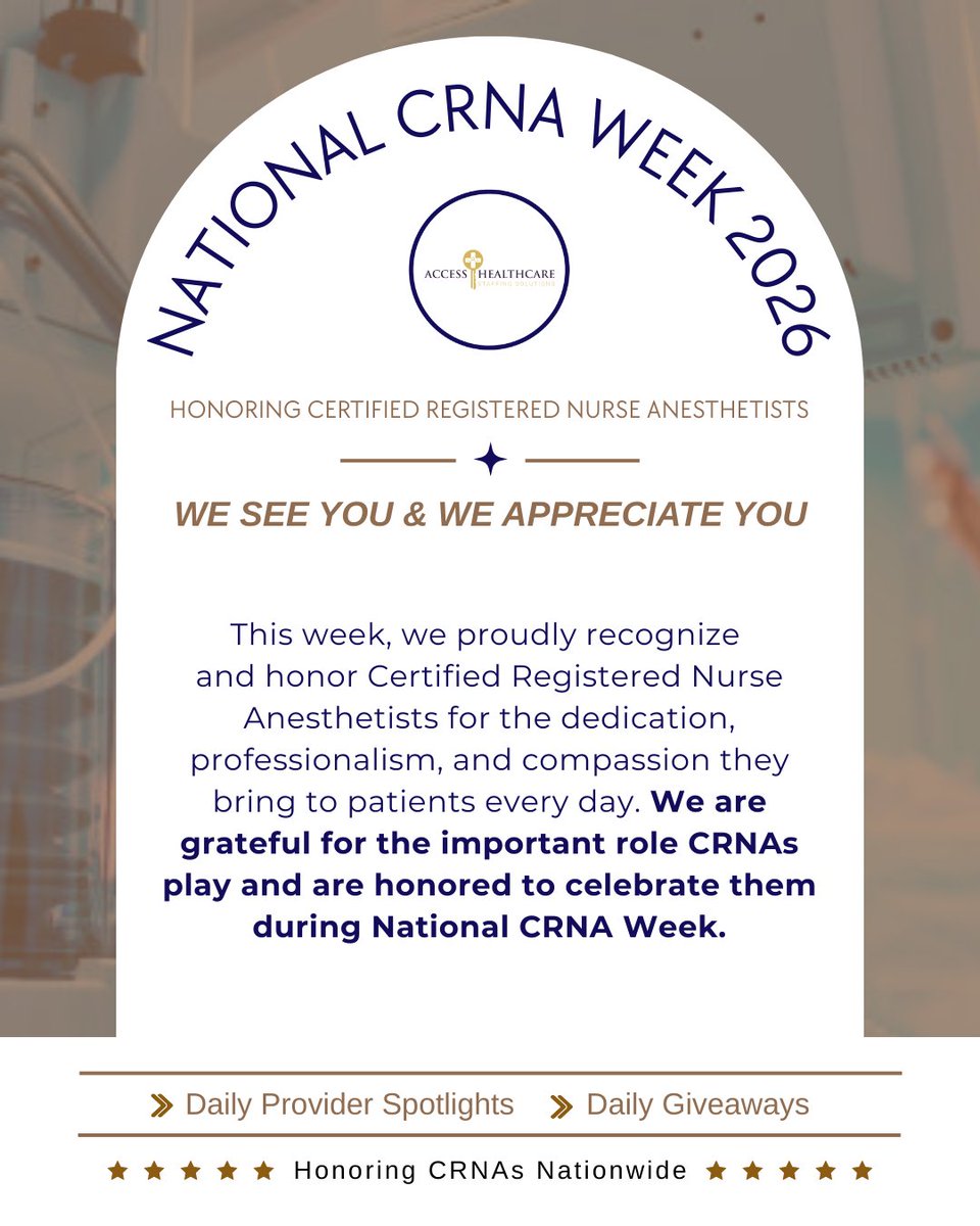 National CRNA Week 2026 💙
This week, we proudly honor Certified Registered Nurse Anesthetists for the dedication, professionalism, and compassion you bring to patient care every single day.

#NationalCRNAWeek #CRNAWeek2026 #GetACCESS
