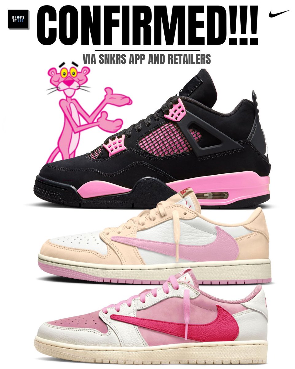Upcoming Jordan releases in one of the most-wanted ‘Pink’ colorways 🌸👀

• Jordan 1 Low x Travis Scott “Shy Pink” &amp; “Tropical Pink” dropping May 22 for $155 🌵
• Jordan 4 “Pink Thunder” (Nike Air) expected Holiday 2026 👛

Cop🔥 or drop🗑️?

I help my followers secure hyped