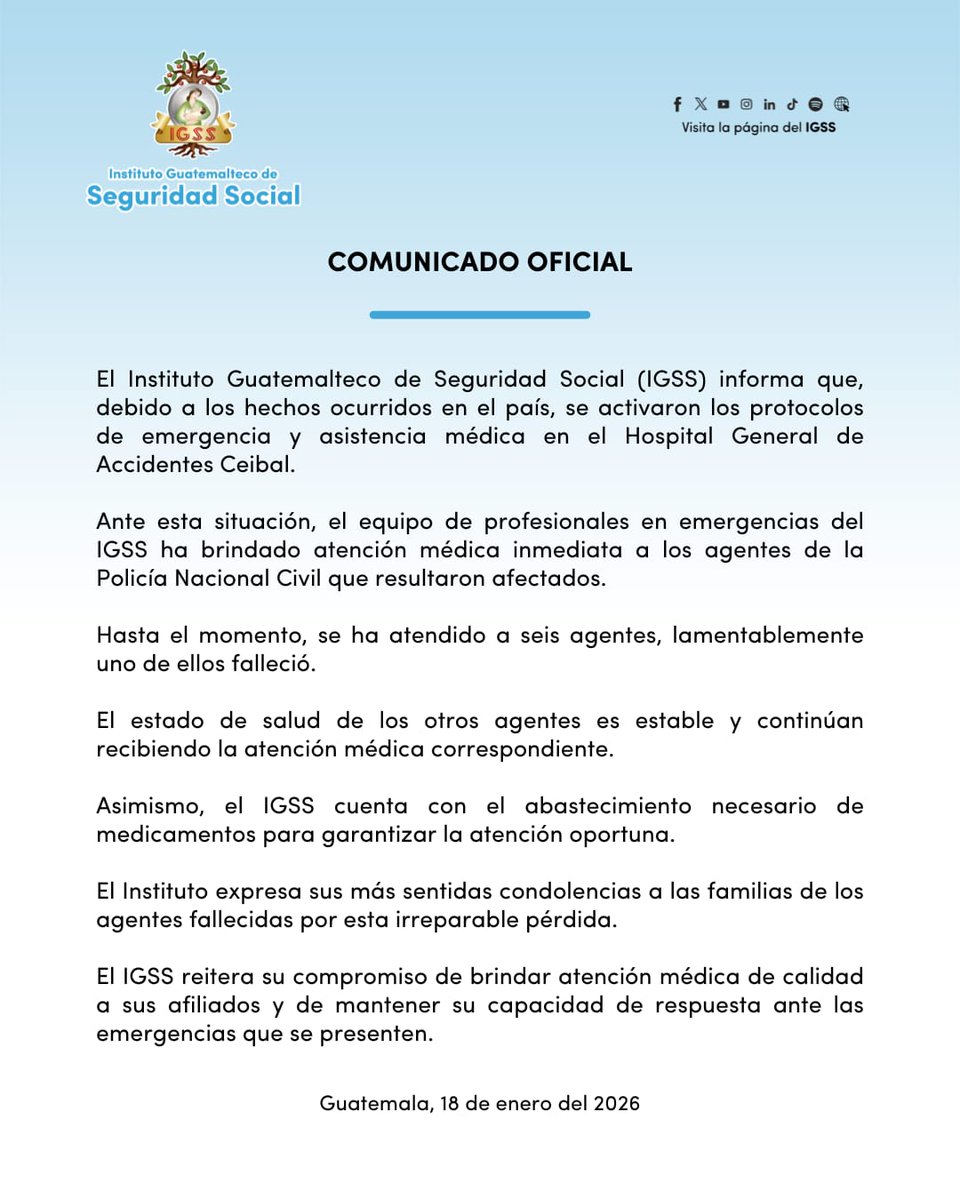 Comunicado del IGSS sobre atención a agentes de PNC trasladados esta mañana.
