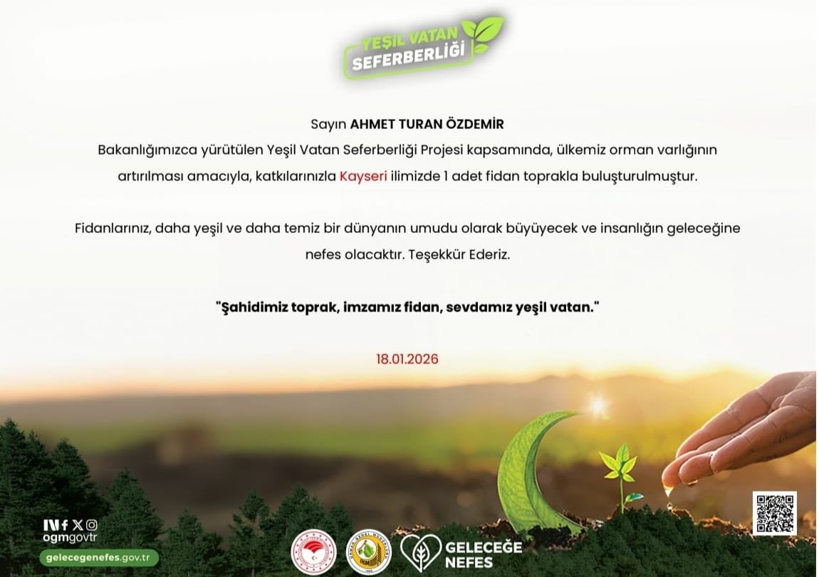 Geleceğe Nefes Projesi kapsamında, eşim ve çocuklarımla birlikte yeşil vatanımıza küçük ama anlamlı bir iz bırakmak için fidan bağışında bulunduk. Doğaya yapılan her katkının, yarınlara bırakılan en değerli miras olduğuna inanıyorum. 
👉gelecegenefes.gov.tr #NSosyalBenim