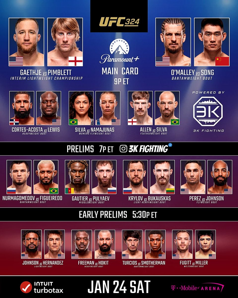 🔥UFC IS BACK🔥

👊Después de más de 40 días de parón volvemos al ruedo con lo que más nos gusta y tenemos un nuevo horario #UFC324 #UFCHBOMax

◾️EARLY PRELIMS
🕚23:00🇪🇸📺UFC Fight Pass

◾️PRELIMS
🕐01:00🇪🇸📺HBO Max

◾️MAIN CARD
🕒03:00🇪🇸📺HBO Max