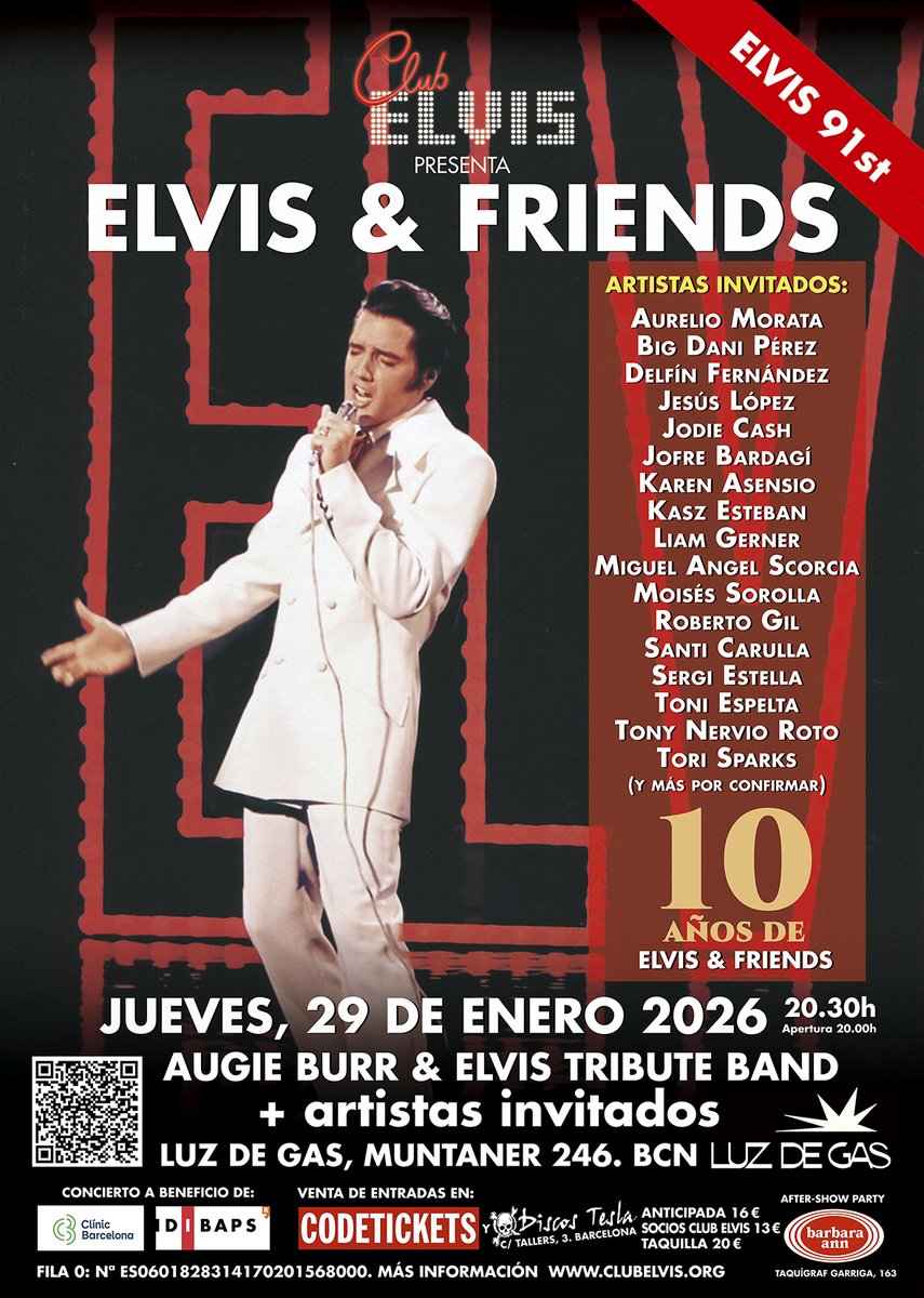 ¡EN ENERO LLEGA LA DÉCIMA EDICIÓN DE ELVIS &amp; FRIENDS EN LUZ DE GAS!
Sobre el escenario, Agustí Burriel y la Elvis Tribute Band Barcelona, acompañados por un espectacular elenco de artistas invitados.
Concierto benéfico. Entradas: entradas.codetickets.com/entradas/elvis…
