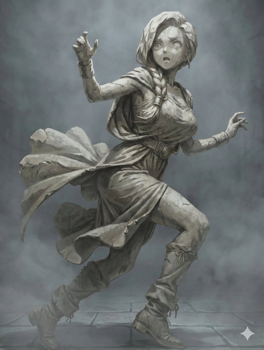 geexEARBrjKIXfp's tweet image. ちょっと時間ができたのでNanoBananaの石化表現を色々お試し。「彫刻の荒いエッジ」「石の塊を彫った髪の毛」「厚みのある布」あたりが結構いい感じに作用してくれます