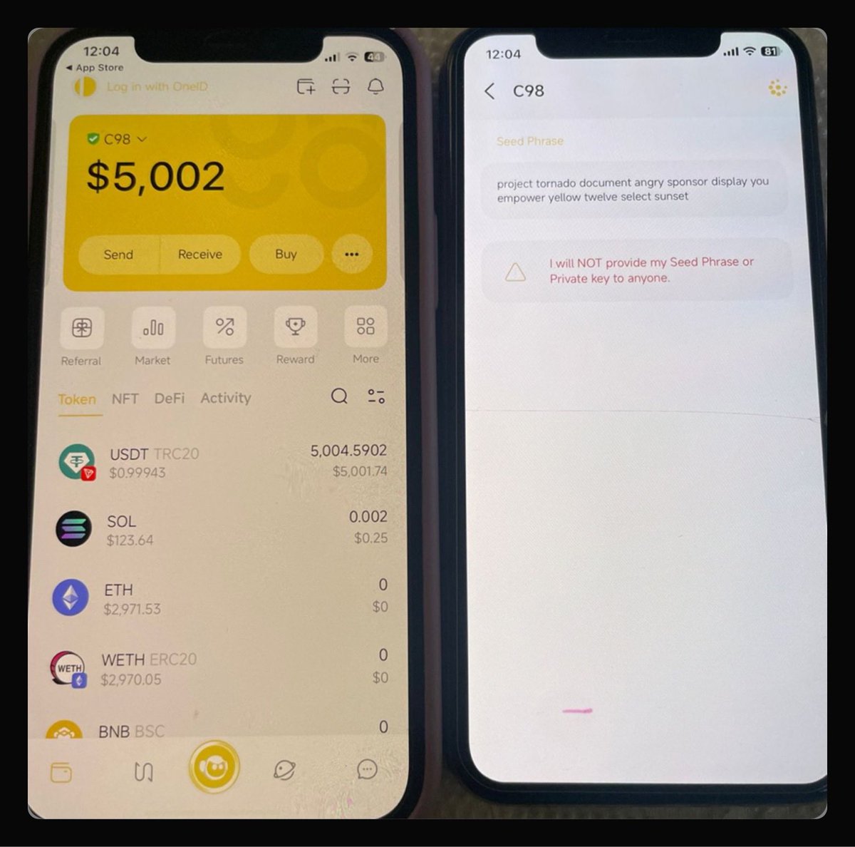 sniperman28's tweet photo. Are there any limits, fees, or verification needed to withdraw money from the platform c98 wallet wallet? and I also i have the words: project tornado document angry sponsor display you empower yellow twelve select sunset. https://t.co/lXHzj4onr2