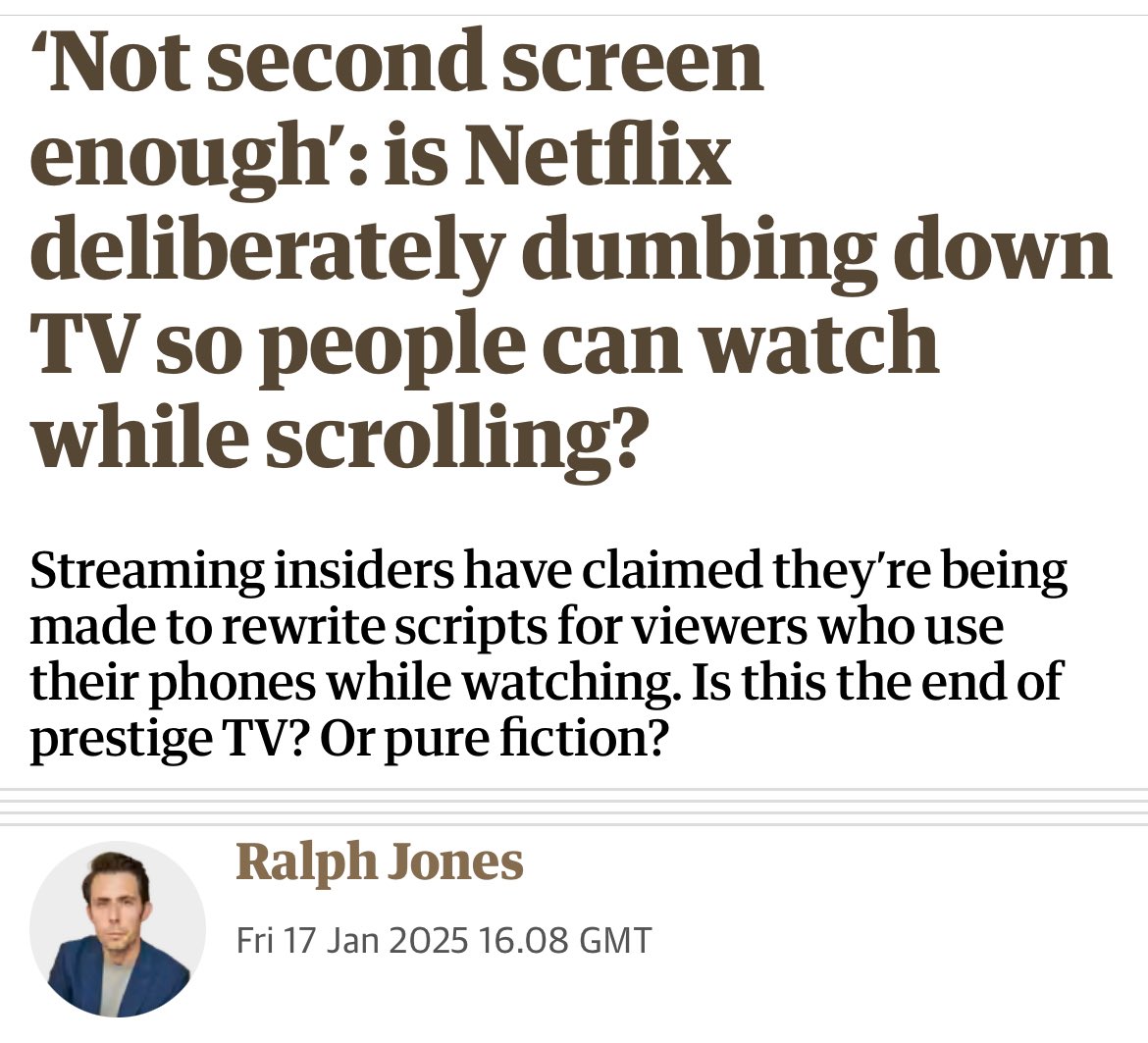 📺Second Screen Viewing 

The result of attention economy, where information is delivered through flat dialogue instead of visuals or framing.  

Last year I argued that overtime this will reshape media literacy, audiences will expect simple over complex stories. 

Tv once
