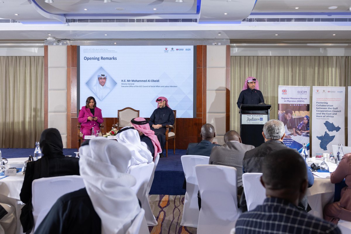 IOMBahrain's tweet photo. IOM Bahrain, @lmrabh and @gcclsa today opened the Symposium on Responsible Recruitment and Combatting Trafficking in Persons, in Manama. Day 1 united GCC and East and Horn of Africa leaders to strengthen worker protection and ethical recruitment. #Bahrain #EndTrafficking #ResponsibleRecruitment #DecentWork #IOM #LMRA #GCC #EHoA