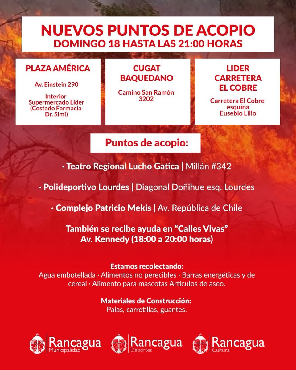 📍 Nuevos puntos de acopio para ayudar al sur del país
En el marco de la campaña Solidaridad Viva: #Rancagua ayuda al sur, informamos sobre los nuevos puntos de acopio habilitados este domingo para apoyar a las familias damnificadas por los incendios forestales.