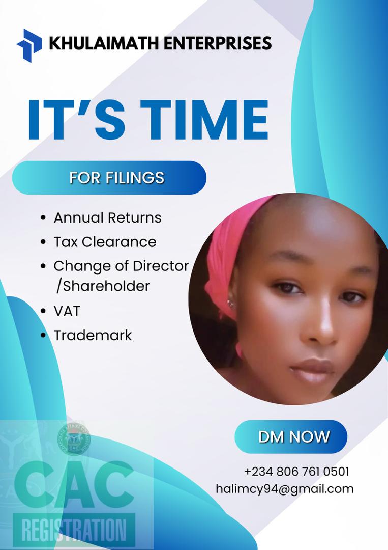 Khulaimath's tweet image. "Register your business with Khulaimath Enterprises! 🚀 Contact us at +234 806 761 0501 or halimcy94@gmail.com for CAC registration services. #CAC #BusinessRegistration"