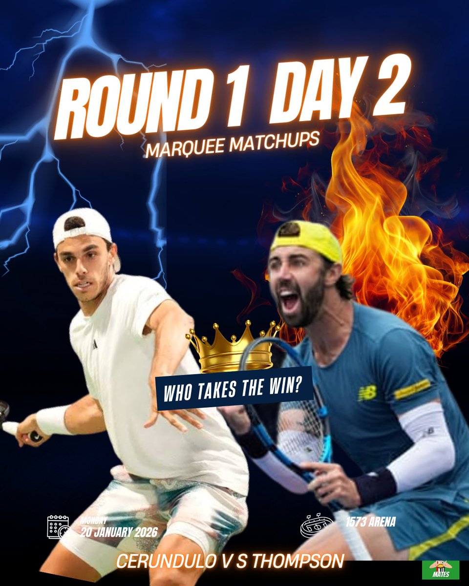 SCMates's tweet image. The results for day 1 were mostly straightforward, except for 20th seed Cobolli, who went to down the Brit qualifier, Fery. Here are our picks for matches to watch out for during day 2!

1. Thompson vs Cerendulo
2. Wawrinka vs Djere
3. FAA vs Borges

#AustralianOpen2026