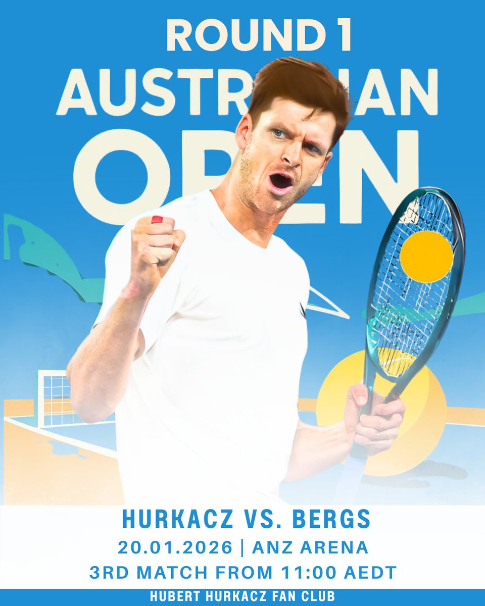 HubertHurkaczFC's tweet photo. 🇦🇺 AUSTRALIAN OPEN 🇦🇺
🇵🇱 Hubert Hurkacz vs. Zizou Bergs 🇧🇪
🗓️ 20.01.2026
🕢ANZ Arena, trzeci mecz od 1:00 🇵🇱 / 11:00 🇦🇺 (po spotkaniu O'Connell vs. Basavareddy)
📺 MAX, Player (szansa na transmisję w Eurosporcie 1 od 6:30)
JAZDA, HUBI! 💪💪💪
#Hubi #Hurkacz #TeamHH #TeamHubi #TeamHurkacz #HubiTeam #HubertHurkaczFanClub #HubiHero #AusOpen2026 #AusOpen #Melbourne #TennisComunnity #HHFC #ATP #Tenis #Polskitenis #tennis #CzasNaTenis
