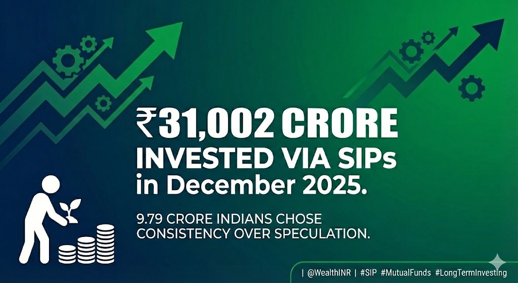 WealthINR's tweet photo. 💸₹31,002 crores invested via SIPs in December 2025.

🔕No market timing.
🎯No predictions.
🧠Just discipline.

9.79 crores Indians chose consistency over speculation📈.

That’s how wealth is built.

Source: AMFI
#SIP #MutualFunds #LongTermInvesting https://t.co/VJFCVbUQrV