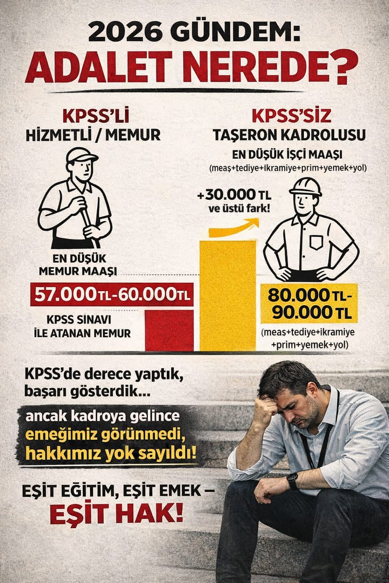 En düşük Memur maaşı 58.000
En düşük İşçi maaşı 68.000 Tediye ve ikramiye ile 80.000 tl
Kamuda en düşük Memur maaşı ile çalışan Hizmetli Memura bu zulmü reva  görenler; Bu ah! size yeter #YardımcıHizmetlerSınıfı
<a href="/oktay_saral/">Oktay SARAL</a> <a href="/mehmedmus/">Dr. Mehmet Muş</a> <a href="/memetsimsek/">Mehmet Simsek</a> <a href="/isikhanvedat/">Prof. Dr. Vedat Işıkhan</a>