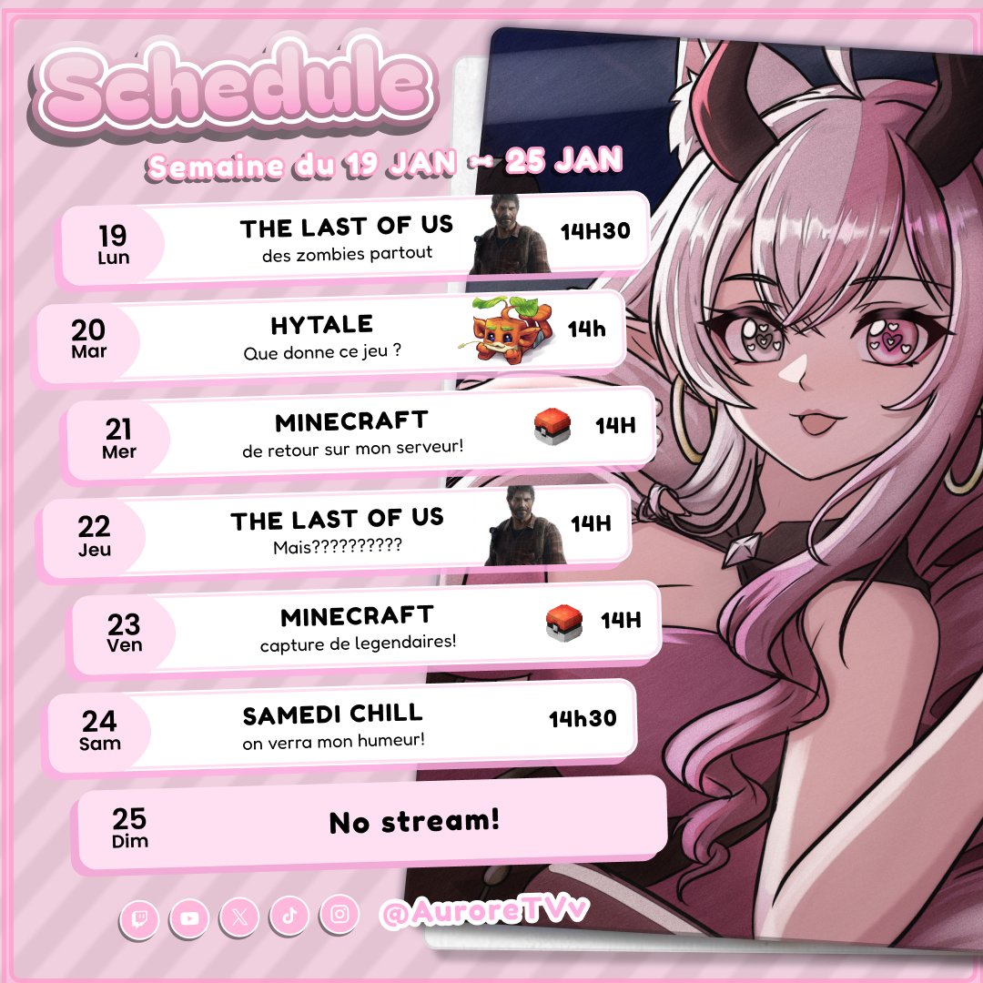 bonjour Twitter enfin X...

J’espère que vous avez passé un bon week-end ! Pour attaquer cette nouvelle semaine du 19 janvier, je vous ai concocté un petit planning aux petits oignons. 🧅✨
#vtuberfr #vtuber #auroretvv #vturias #france #planning #twitchfr