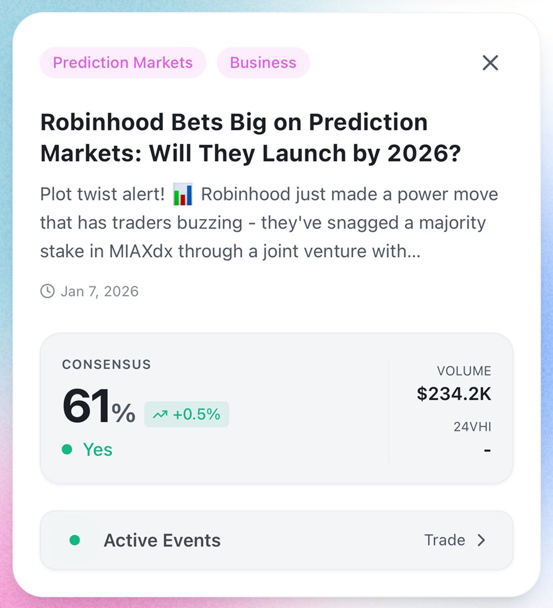 pinai_io's tweet photo. Markets are beginning to price in Robinhood’s direction.

The story is still forming.
The probabilities already are.

Read the signal. Act. 🫵 https://t.co/11F2cS7DQB