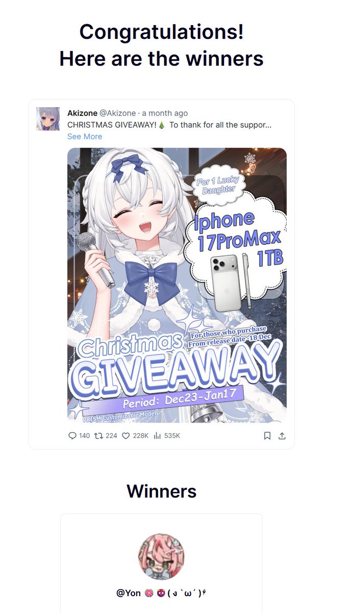 Congratulations to our two lucky winners,
@yonmie_ and @SmilodonnaVT, on winning the iPhone giveaway!! 
Thank you so much to everyone who entered and for bringing your characters to life with the Prism Customizable VTuber Model. 
For the past months we checked customization 