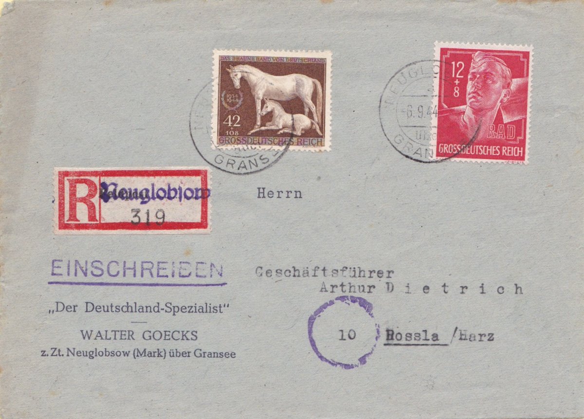 1944. The detail of collecting... a Neuglobsow R-Label? No. A requisitioned 'Feldpost' R-Label. Lesser seen usage in the Reichspost. Most likely a creation from Walter Goecks for fellow philatelists! Join the G&amp;CPS at germanphilately.org #philately #stamps