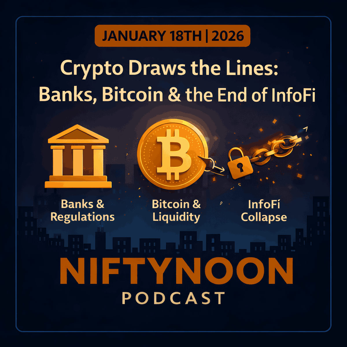 NiftyNoon Podcast — January 18th, 2026 🎙️

- CLARITY Act targets stablecoin yield
- BNY Mellon launches tokenized deposits
- Bitcoin hits eight-week high on ETF inflows
- X ends engagement farming via InfoFi ban
- Polygon pivots to regulated U.S. payments

Full breakdown below ⬇️
