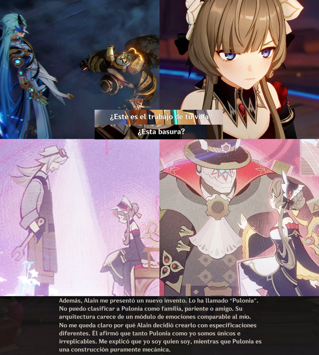 MeiruMoon's tweet image. Un detalle que me encantó de la misión es cuando Dottore derrota a Pulonia y lo llama basura, Sandrone se enfurece pero no por sentirse insultada ella sino porque había insultado a Alain ya que él la creó a tanto a ella como a Pulonia