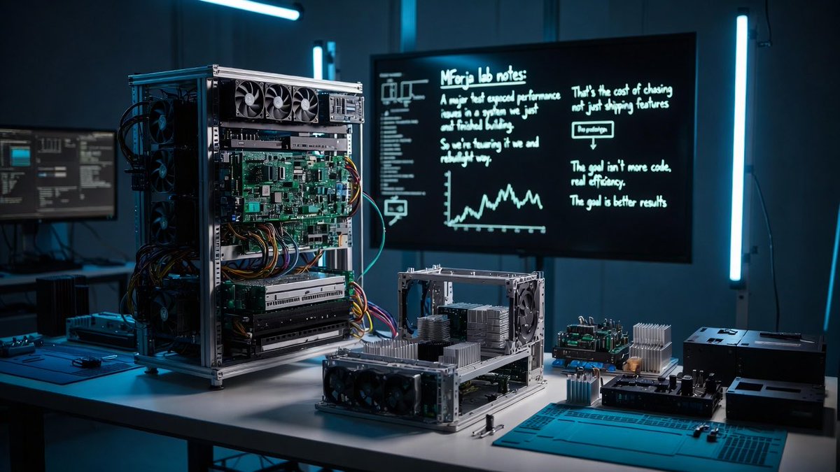 MForjaTech's tweet image. MForja lab notes:

A major test exposed performance issues in a system we just finished building. So we’re tearing it down and rebuilding it the right way.

That’s the cost of chasing real efficiency, not just shipping features.

The goal isn’t more code.
The goal is better…