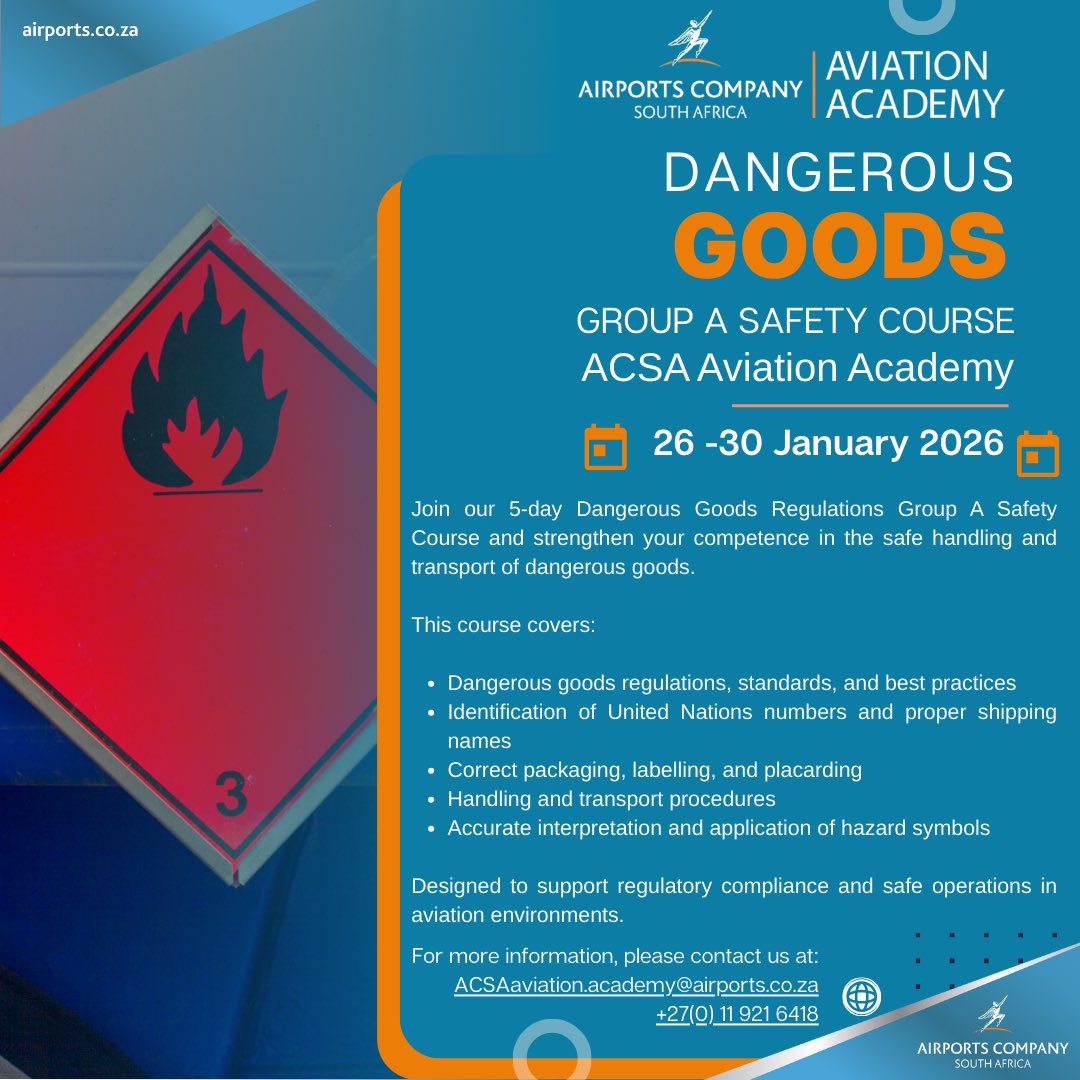 ortambo_int's tweet image. Secure Your Spot Now!
Elevate your skills in dangerous goods handling.

For more information, please contact us at: ACSAAviation.academy@airports.co.za, 011 921 6418
#ACSAAviationAcademy
#AviationSafety 
#SafetyFirst #AviationTraining