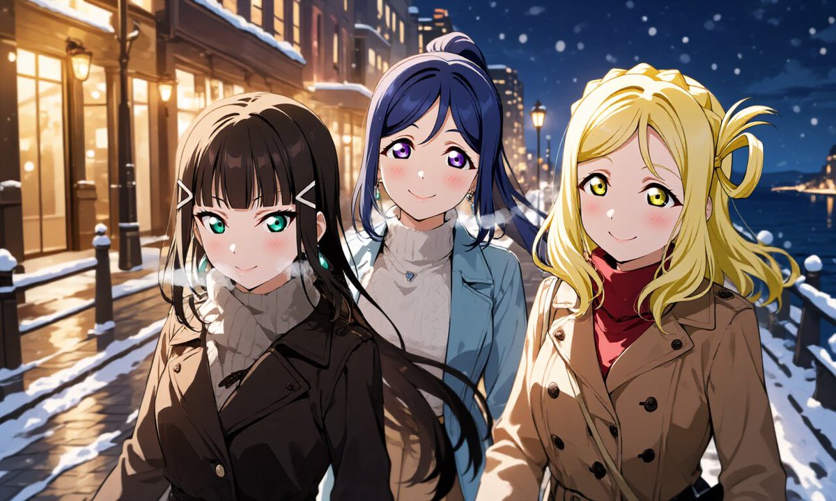 卒業旅行中 #Aqours #黒澤ダイヤ #松浦果南 #小原鞠莉 #AIart #AIイラスト