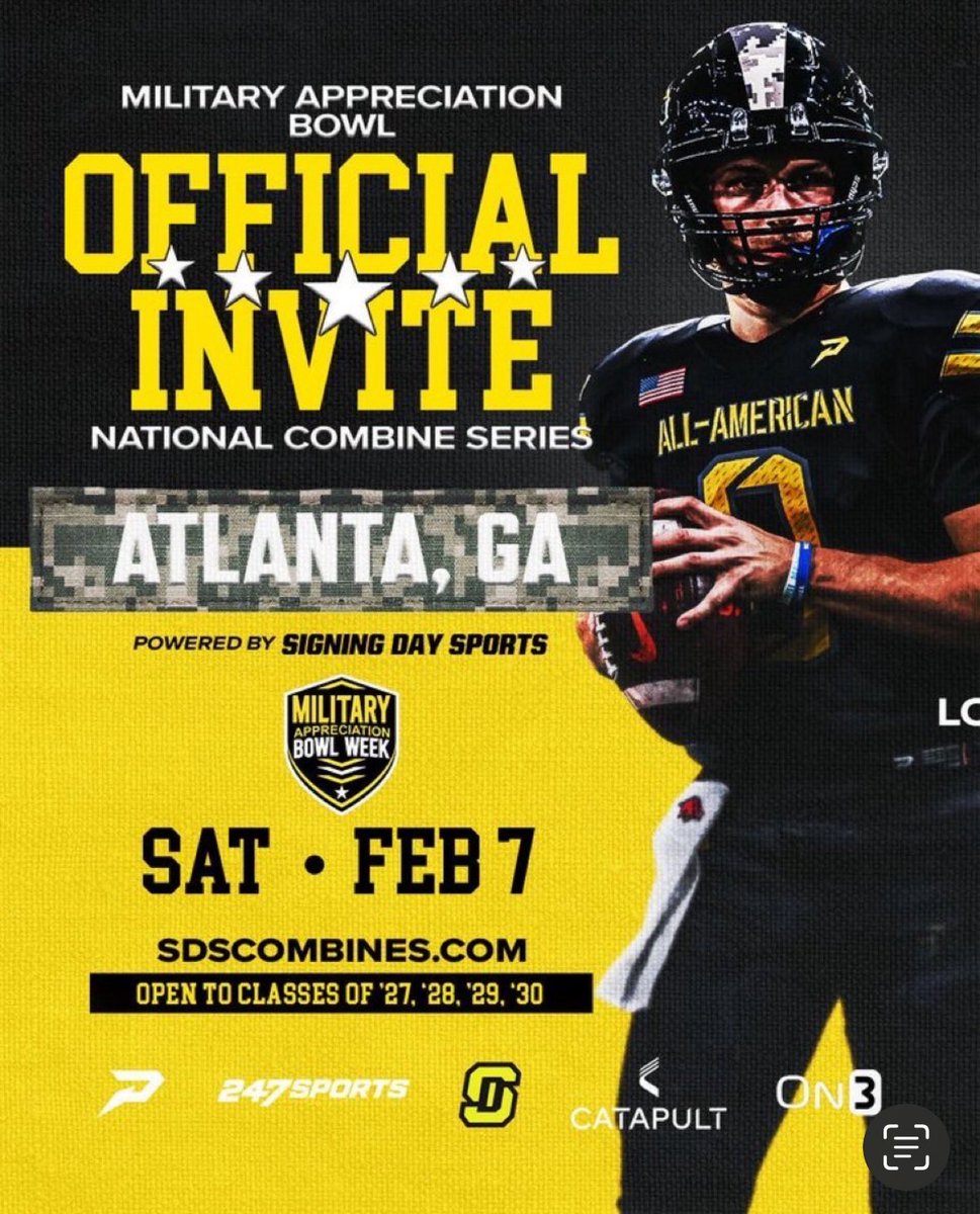 Thank you so much <a href="/JJKilgore_SDS/">JJ Kilgore</a> for the invite to the Military Appreciation Bowl Combine in Atlanta, GA! It would be an honor to compete against some of the best in the country!

<a href="/coachmcrist/">Michael Crist</a> <a href="/Coach_Stad/">Alex Stadler</a> <a href="/JoeyOrck/">Coach Joey Orck</a> <a href="/CappsHal/">Hal Capps</a> <a href="/CoachRobSale/">Rob Sale</a> <a href="/CoachT_Lamb/">Taylor Lamb</a> <a href="/CutterLeftwich/">Cutter Leftwich</a> <a href="/Coach_D13/">Devon Doyle</a>