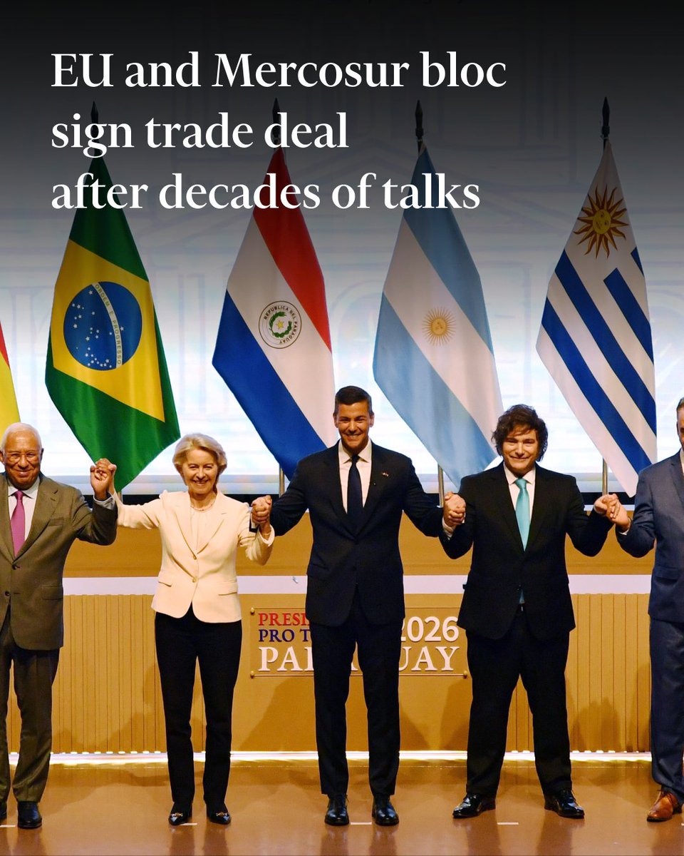 FT's tweet image. Once it is ratified by the blocs’ member states, the agreement between EU chiefs and leaders of South America's Mercosur bloc will create one of the largest free trade zones in the world. ft.trib.al/rGDplLL