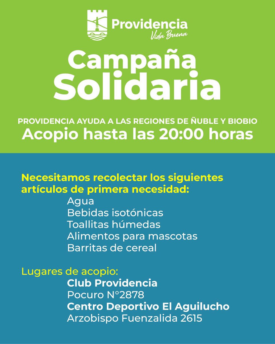 ¡Atención vecinos! En Providencia nos unimos por el sur ❤️

Solidarizamos con las familias afectadas y los equipos que están combatiendo los incendios en las regiones del Biobío y Ñuble. Para apoyarlos, hemos habilitado centros de acopio donde recibiremos tu ayuda directa.