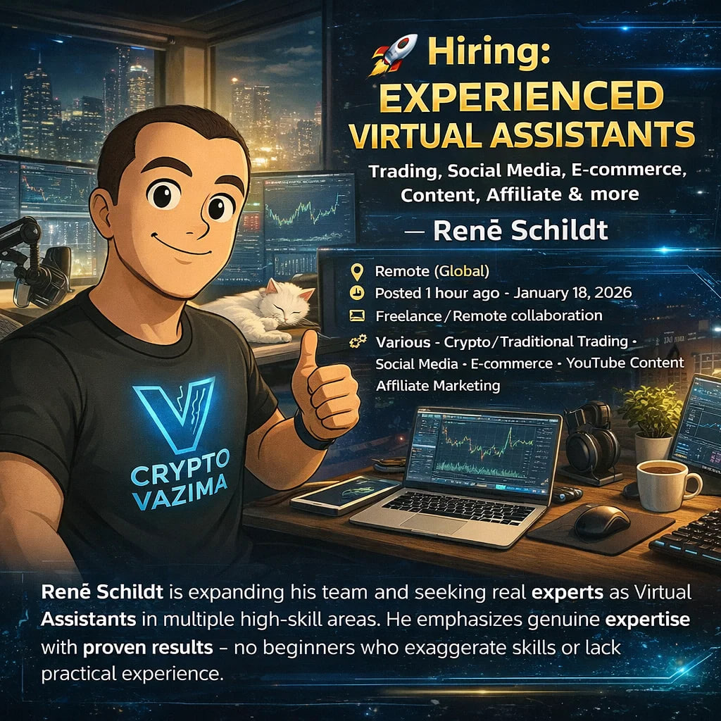 🚀 Hiring: Experienced Virtual Assistants (Trading, Social Media,  E-commerce, Content, Affiliate & more) - Renė Schildt 📍 Remote (Global) |  💼 Freelance/Remote | 🧑‍💻 Crypto Trading · Social Media · E-commerce ·
