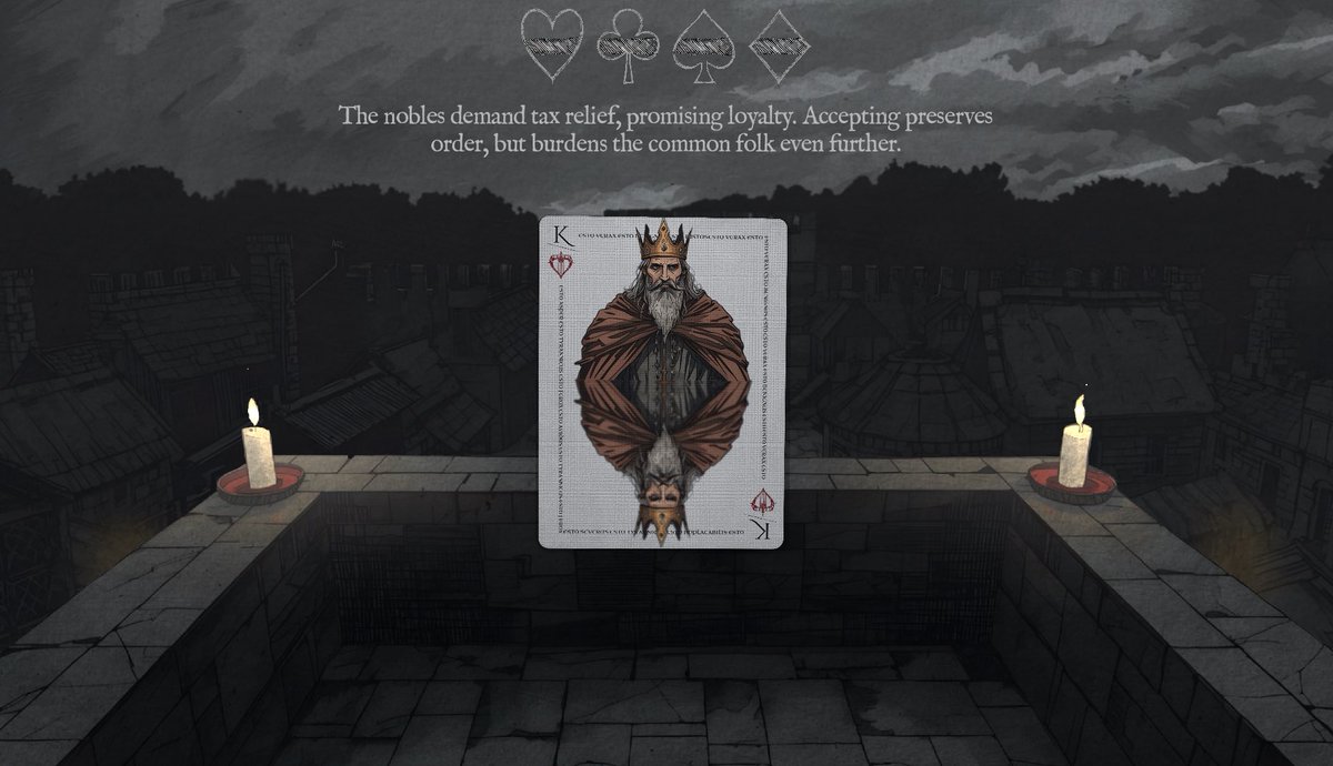 PlayReignfall's tweet photo. After I changed the background image and since it has a different style, I also changed the king on the card👑 

Reignfall’s overall design is gradually taking shape, and I feel like it's getting close to its final form🤓
#cardbased #roguelite #indiegame #uidesign https://t.co/1kohfV0Gxy