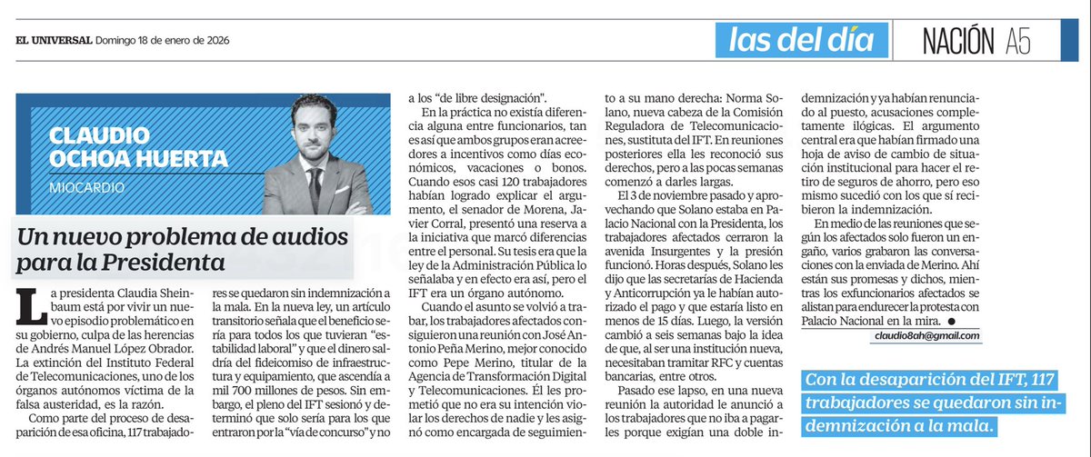 LuisCardenasMx's tweet photo. UN NUEVO PROBLEMA DE AUDIOS PARA LA PRESIDENTA

@ClaudioOchoaH expone cómo la desaparición del IFT dejó a 117 trabajadores sin indemnización y abrió otro flanco incómodo para el gobierno de Claudia Sheinbaum. https://t.co/JU8wMs37D4