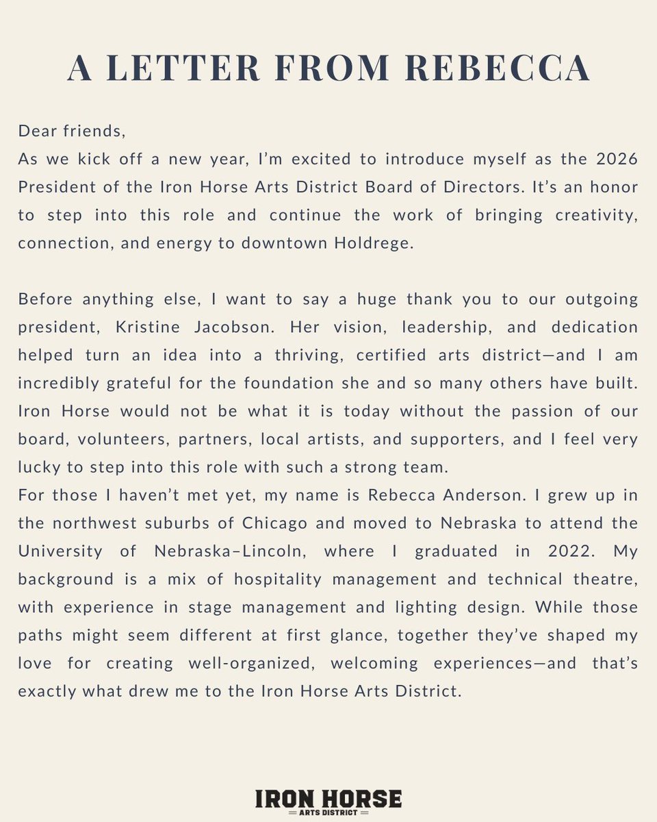 ironhorsedist37's tweet photo. We’re excited to officially introduce Rebecca Anderson as the 2026 Board President of Iron Horse Arts District 🧡🐴🎨

📖 Read her full letter in this month’s newsletter → https://t.co/z2XB0KR5FT https://t.co/2Y4t0toNWI