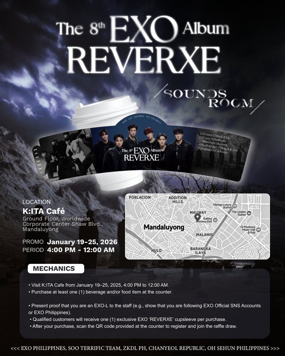 EXOPhils's tweet photo. 🎧 EXO REVERSE SOUNDS ROOM 🎧
📅 Jan 19–25 | 📍 Kita Cafe

Join us celebrate the much awaited return of the Kings of Kpop — EXO👑

See posters for the full mechanics!

#REVERXE #EXO_REVERXE
#EXO #엑소 @weareoneEXO